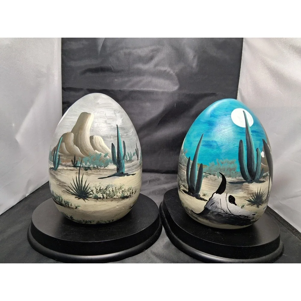 Vintage Hand Painted Ceramic Desert Scene Egg Statues Southwest Decor Set of 2